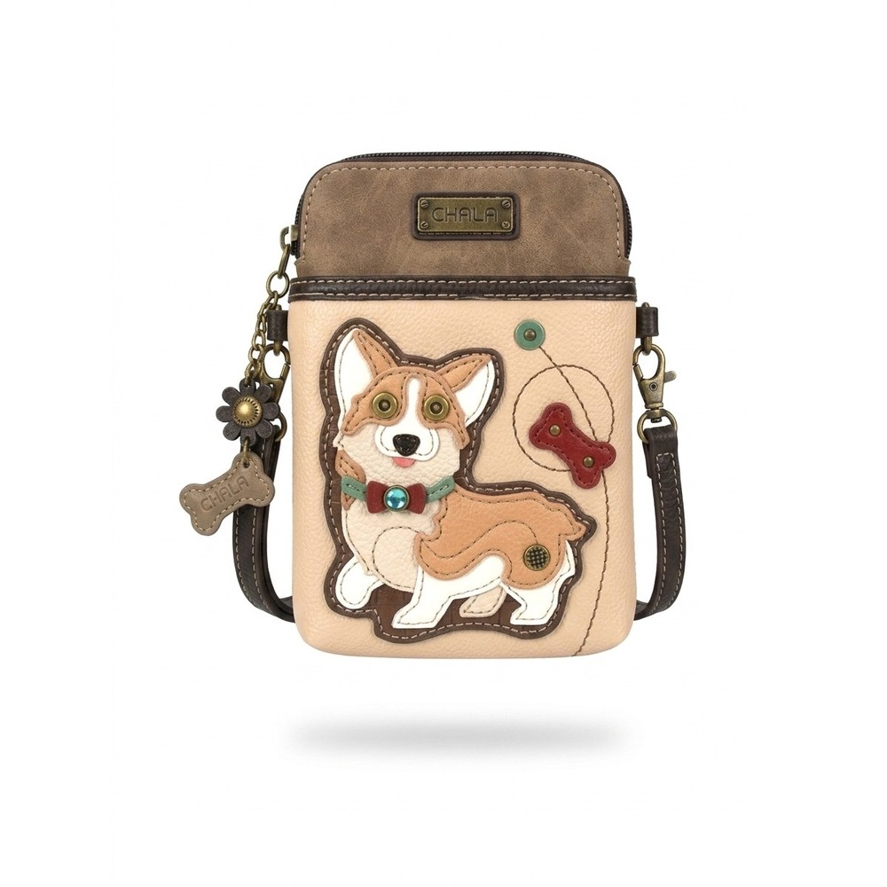 Chala Corgi Cell Phone Crossbody Purse Tan Brown Vegan Leather Dog Bag Dog Love